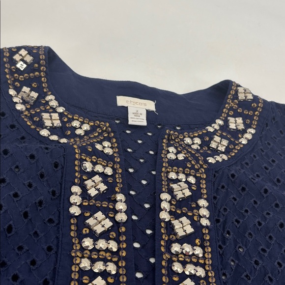 Chico’s Boho Eyelet Crochet Beaded Studded Sequins Coastal Open Cardigan Jacket - Picture 9 of 16